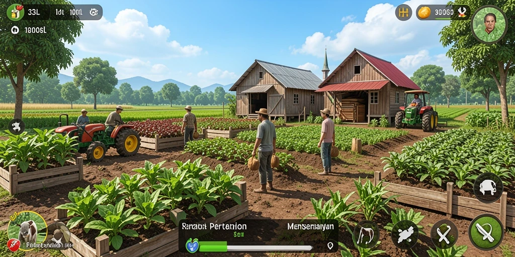 Tampilan permainan 33L dengan ladang yang subur dan tanaman yang siap dipanen.