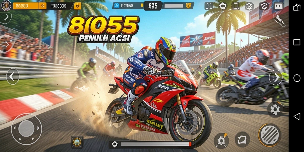 Screenshot utama 8055 menampilkan aksi balapan motor yang mendebarkan.