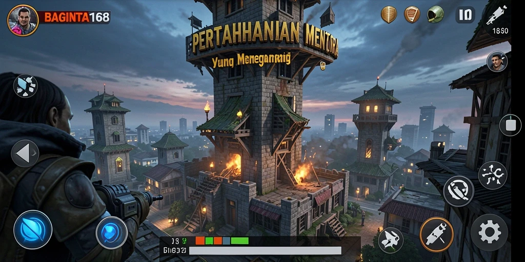 Tampilan gameplay seru dalam BAGINTA168 dengan menara pertahanan yang beragam.