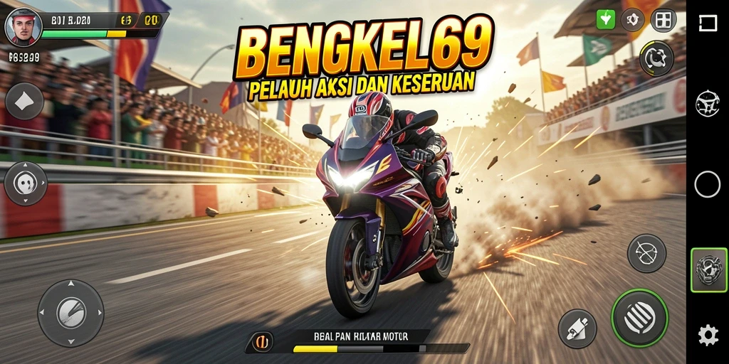 Screenshot utama BENGKEL69 menampilkan aksi balapan motor yang seru dan menegangkan.