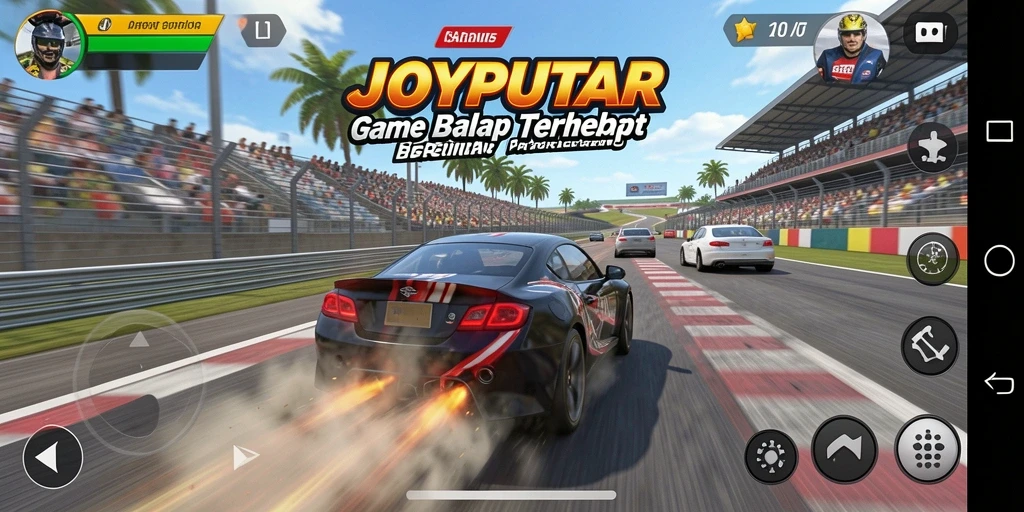 Tampilan gameplay JOYPUTAR dengan mobil balap yang cepat.