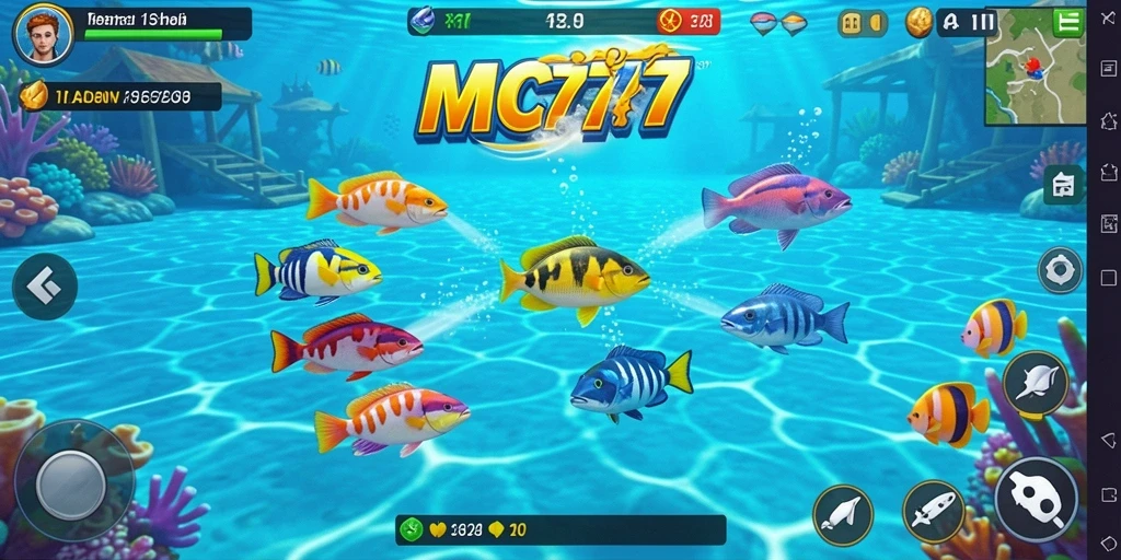 Screenshot gameplay MC777 menampilkan aksi seru Tembak Ikan.