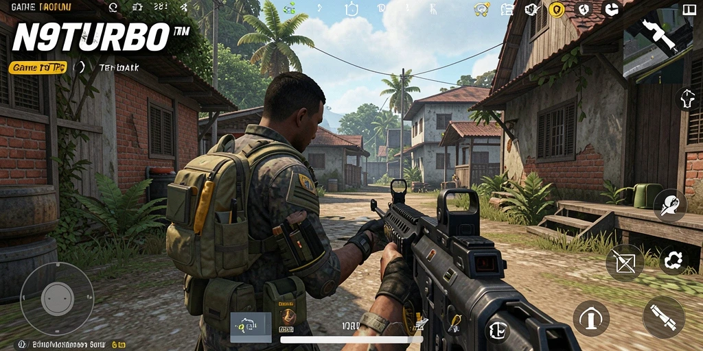 Screenshot utama N9TURBO menampilkan aksi seru dalam gameplay TPS.
