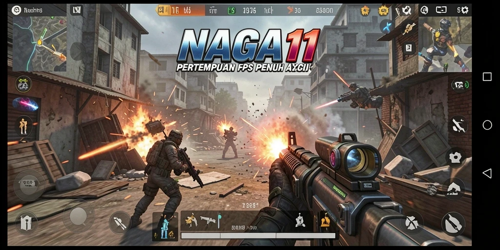 Tangkapan layar NAGA11 yang menunjukkan aksi pertempuran intens di medan perang.
