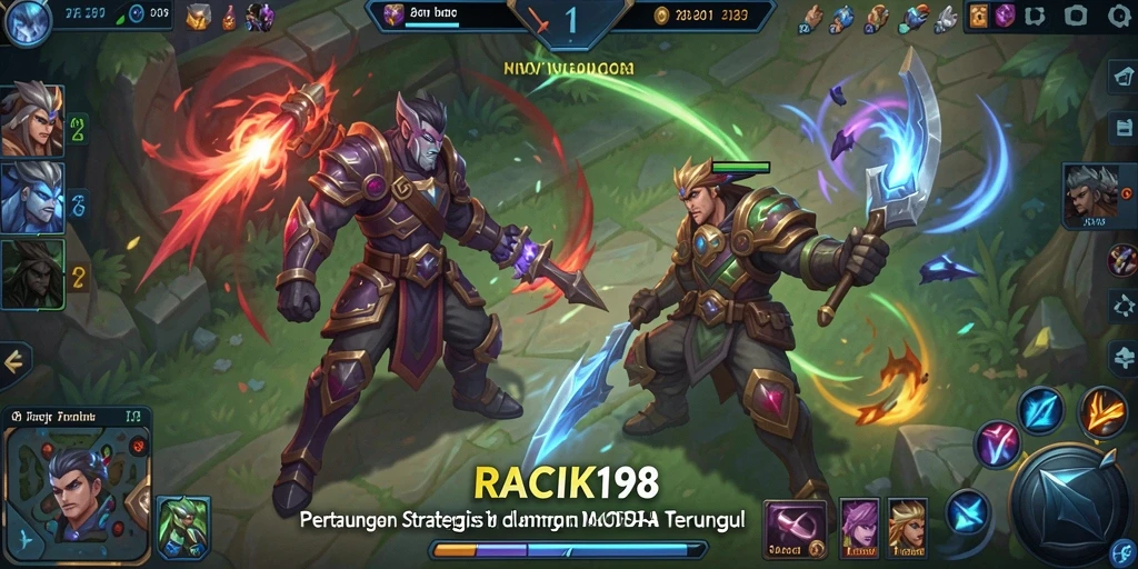 Screenshot menampilkan aksi seru dari gameplay MOBA RACIK198.