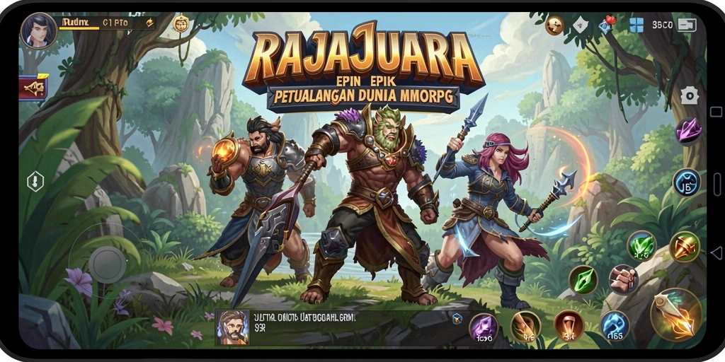 Screenshot gameplay RAJAJUARA menampilkan pertempuran epik di dunia MMORPG.