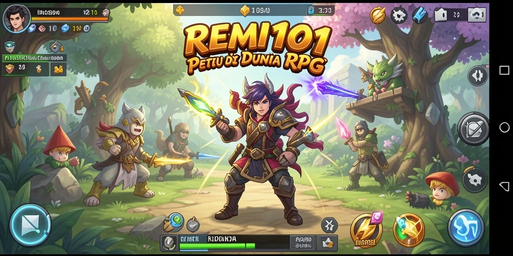 Screenshot gameplay REMI101 menampilkan pertarungan epik di dunia RPG.