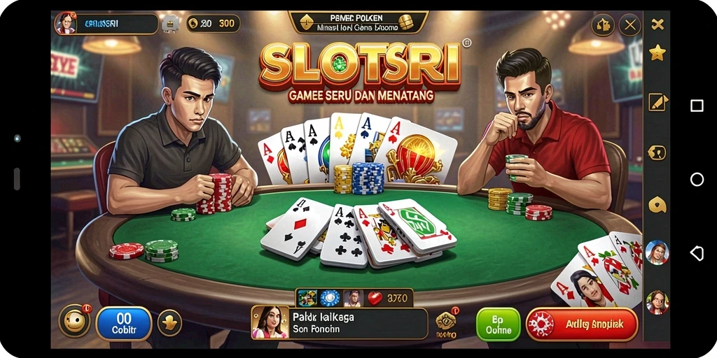Screenshot SLOTSRI menunjukkan permainan Poker yang intens dan menyenangkan.