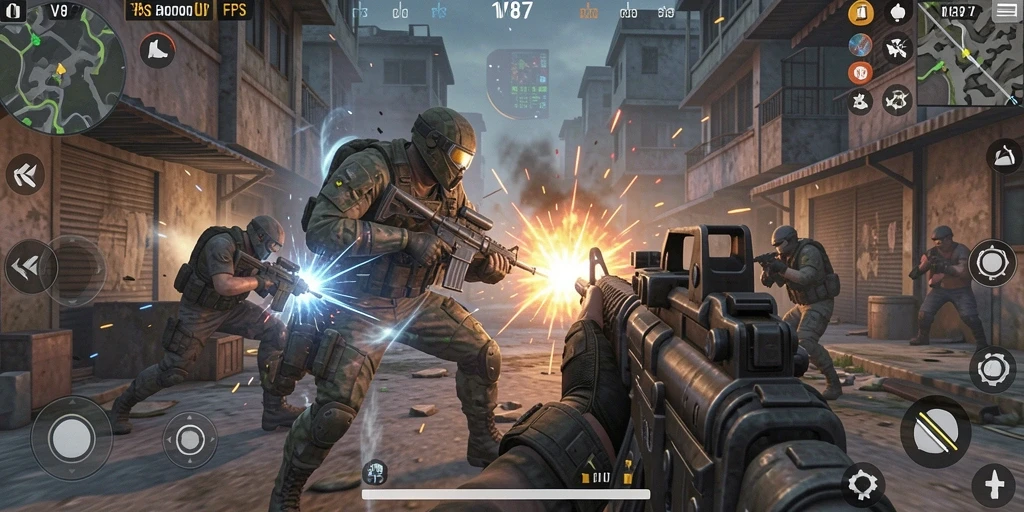 Gambar gameplay seru V87 dengan aksi FPS yang mendebarkan.